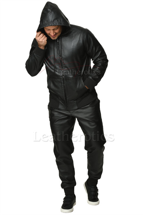 Leather Hoodie And Trousers Set