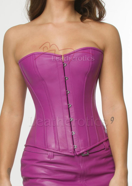 Close-up of the basque waistline and waist-trimming band on the Purple Leather Corset, designed to enhance an hourglass silhouette.