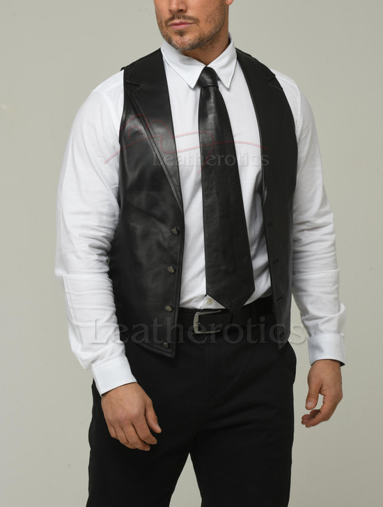 Interior lining and adjustable buckle detail — leather waistcoat