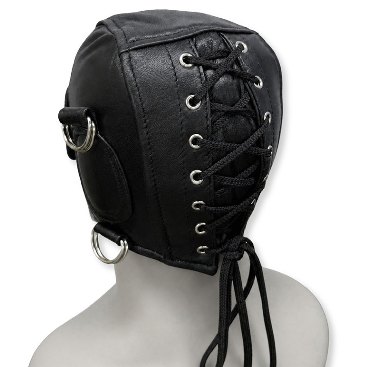 Obsidian Soft leather hood back view with adjustable rear lace-up closure, premium black leather construction, and handcrafted finish.
