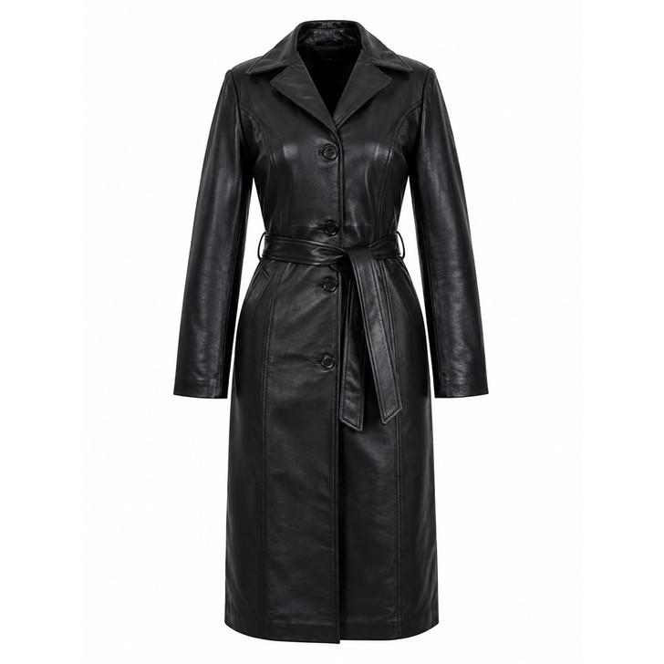 Women’s Long Black Genuine Leather Trench Coat with Belt