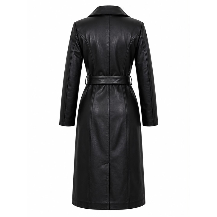 Women’s Long Black Genuine Leather Trench Coat with Belt - Back