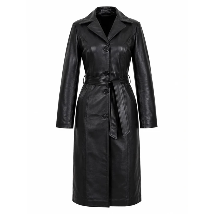 Women’s Long Black Genuine Leather Trench Coat with Belt