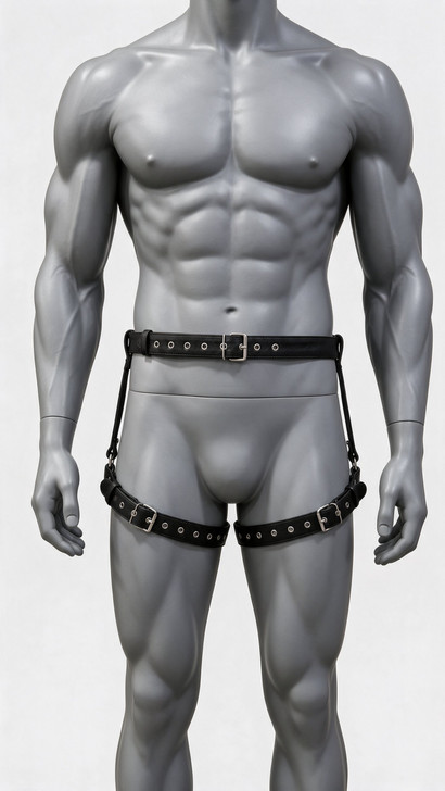 Men's leather thigh harness with adjustable waist belt and buckles – front view