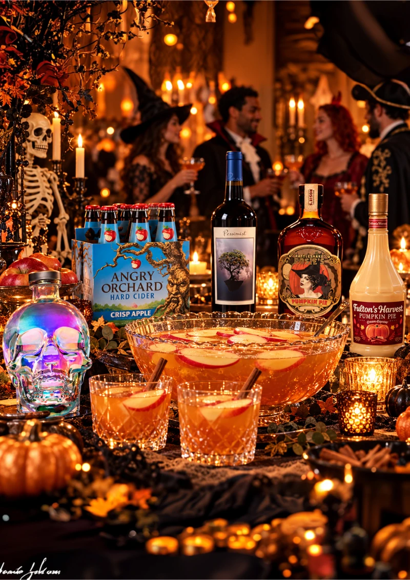 Show adult guests in costumes enjoying wine, cider, and mixed drinks around a snack buffet with featured products and a skeleton decoration.