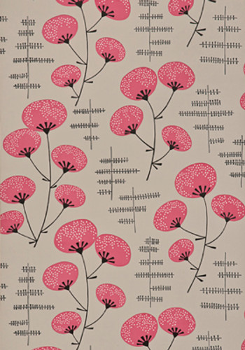 Graphic blossom wallpaper in pink and gray.