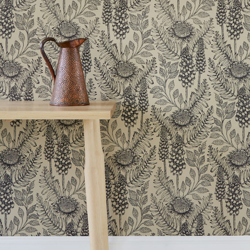 Detailed stems of Muscari grow among  meandering leaves on a black and ecru colored wallpaper.