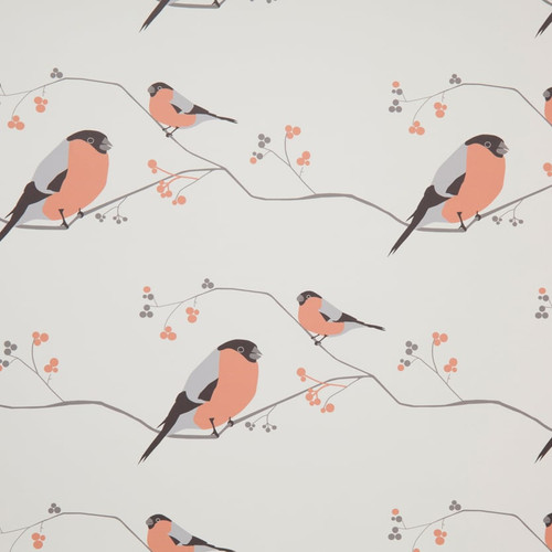 Modern pink and grey birds on tree branches with berries.