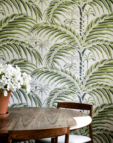 Palm wallpaper in the dining room.
