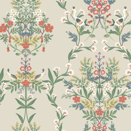 Linen colored wallpaper with bright flowers.