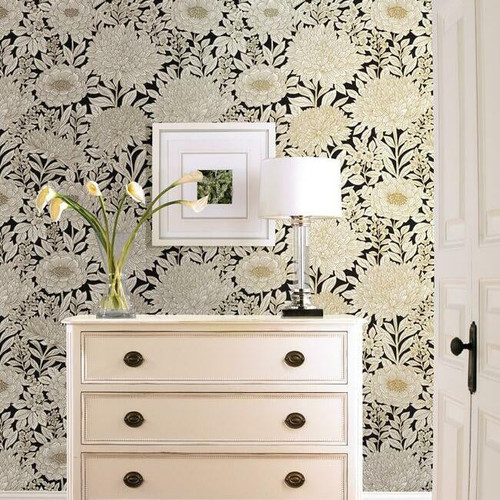 Black and white bold and elegant floral wallpaper with metallic gold edging.
