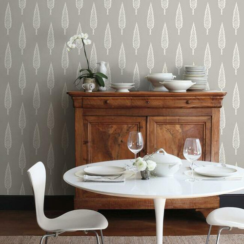 Breakfast room with grey and white block print Juniper tree wallpaper.