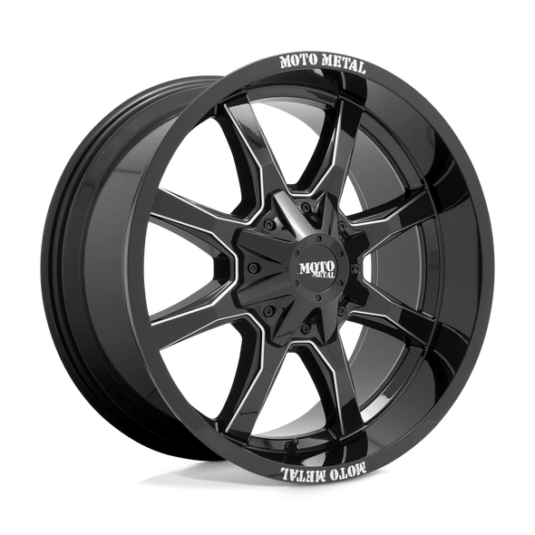 Moto Metal MO970 20x10 ET-18 5x140/150 110.10mm GLOSS BLACK W/ MILLED SPOKE & MOTO METAL ON LIP (Load Rated 1134kg)