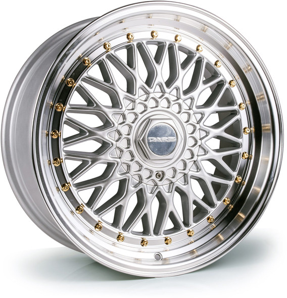 Dare DRRS 16 inch 5x100 / 5x112 Silver Polished / Gold Rivets www.srbpower.com