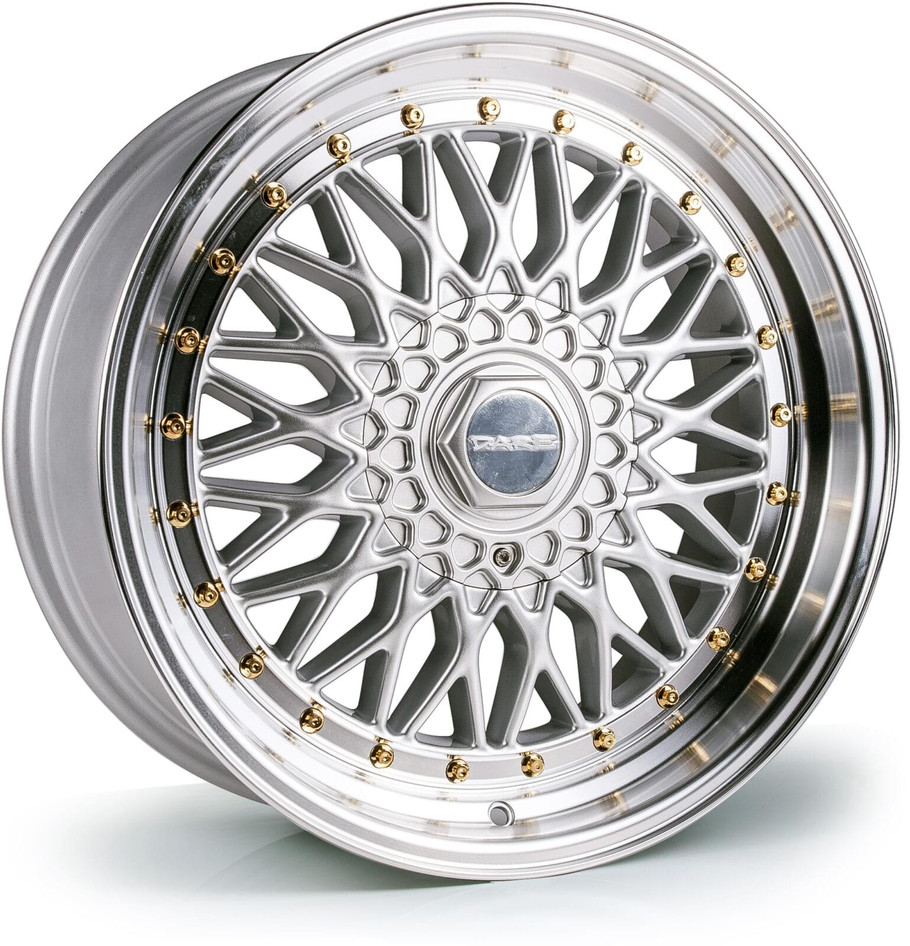 Dare DRRS 18 inch 5x112|5x120 Silver Polished / Gold Rivets www.srbpower.com