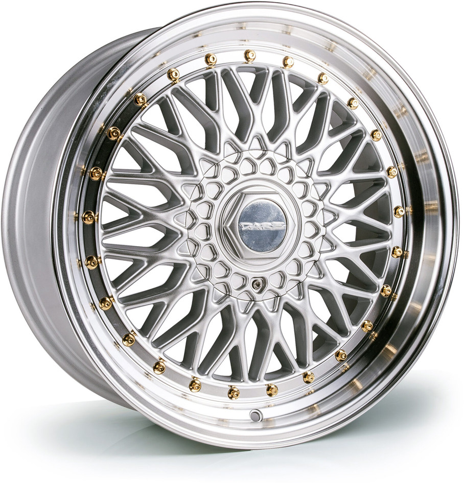 Dare DRRS 17 inch 5x100 / 5x120 Silver Polished / Gold Rivets www.srbpower.com
