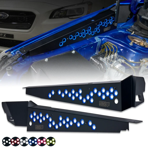 IAG black aluminum fender shrouds with color hex accents for the 2015-2021 Subaru WRX STI