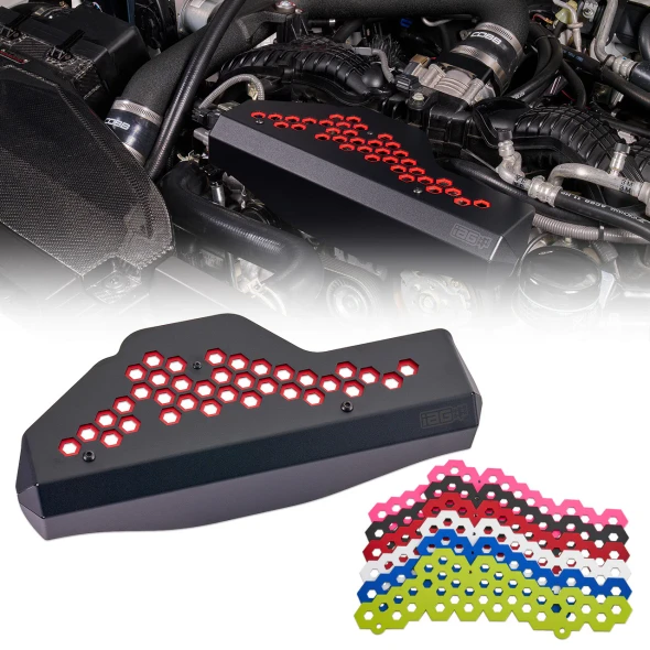 IAG black aluminum alternator cover with colored hex accent plate on 2022-2026 Subaru WRX