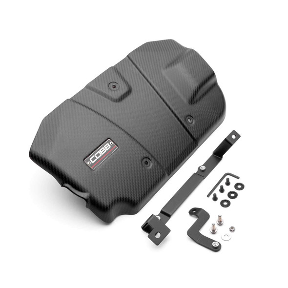 COBB 446610-RMC matte carbon 2x2 twill weave engine cover with satin black brackets and Redline badge