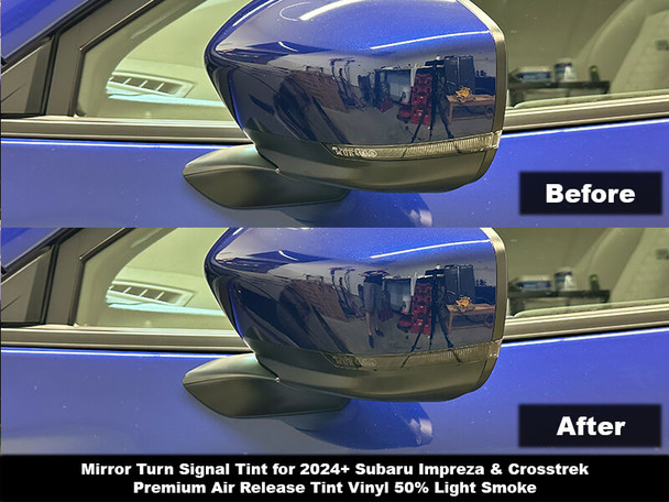 Before & After Light Smoke (50%) Mirror Turn Signal Tint on a Subaru Impreza/Crosstrek, 2024, 2025, 2026, 2027, 2028