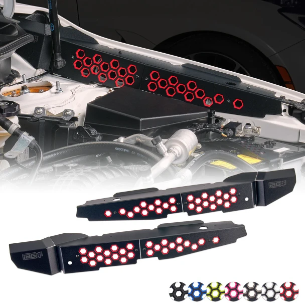 IAG black aluminum fender shrouds with color hex accent plate forr the 2022-2026 Subaru WRX