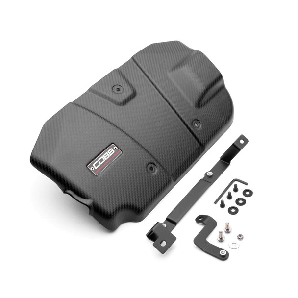 COBB 446610-RMC matte carbon 2x2 twill weave engine cover with satin black brackets and Redline badge