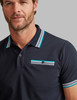 Men's navy polo with colour tipping on rib and chest pocket, 3.5%  lycra for comfort