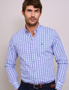 Men 's 100% cotton button down blue check shirt by Vedoneire of Ireland
