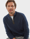 Men's luxury lambswool half zip with suede trim, navy, by Vedoneire of Ireland