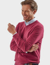 Men's luxury lambswool V-neck knit, cranberry, by Vedoneire of Ireland