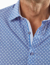Digital print shirt, blue repeat design, by Vedoneire of Ireland
