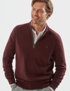 Men's lambswool half zip with suede trim, fig, by Vedoneire of Ireland