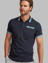 Men's navy polo with colour tipping on rib and chest pocket, 3.5%  lycra for comfort