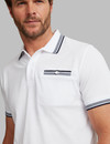  Men's white cotton polo with chest pocket and contrast tipping