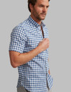 men's blue gingham linen mix short sleeve shirt with pocket by Vedoneire of Ireland