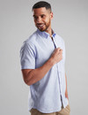  blue short sleeve linen mix shirt with pocket by Vedoneire of Ireland