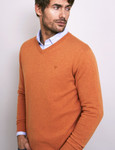 V neck cotton cashmere jumper, apricot, by Vedoneire of Ireland