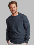Men's dark denim round neck jumper with texture body and plain knit sleeves by Vedoneire of Ireland