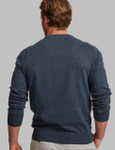 Men's dark denim round neck jumper with texture body and plain knit sleeves by Vedoneire of Ireland