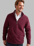 Men's burgundy fleece half zip with rugged woven and suede trim