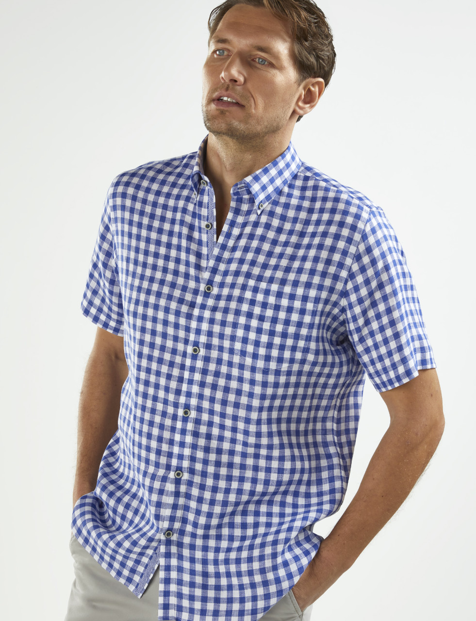 Mens Blue White Linen Check Shirt 