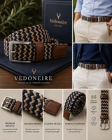 Mens Braided Belt Beige Navy (9002)