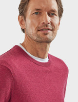 Men's luxury lambswool round neck knit, cranberry, by Vedoneire of Ireland