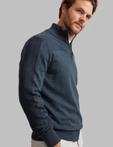 dark denim cotton half zip with rib detail and contrast inside neck by Vedoneire of Ireland