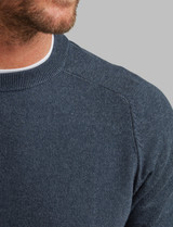 Men's dark denim round neck jumper with texture body and plain knit sleeves by Vedoneire of Ireland