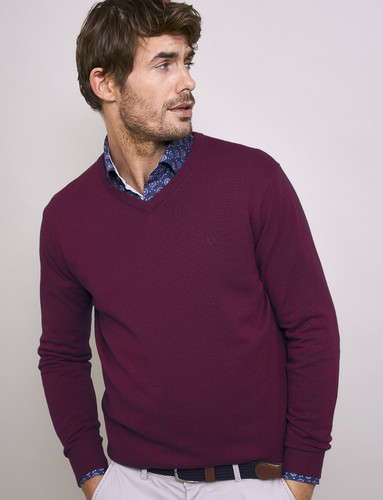 Men's Luxury Lambswool V-Neck knit, port wine,