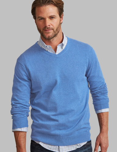 Tranquil Blue V neck cotton cashmere knit by Vedoneire of Ireland