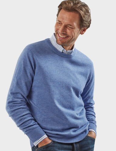 Men's luxury lambswool round neck knit, blue, by Vedoneire of Ireland