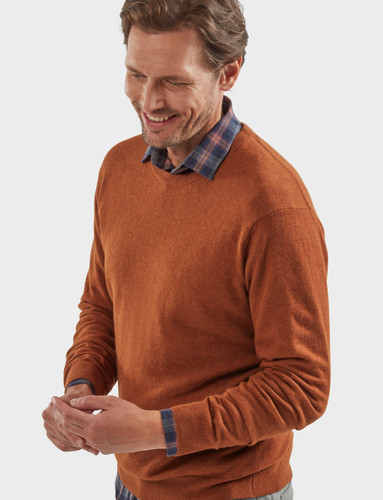 Men's luxury lambswool round neck knit, ginger biscuit, by Vedoneire of Ireland