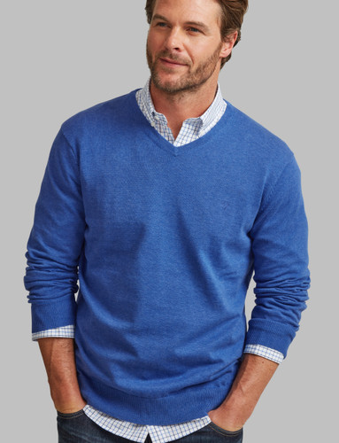 Men's Fine Gauge Cotton V-Neck Jumper, Military Blue